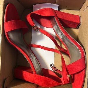 Worthington Red Suede Block Heel Sandals with Ankle Strap